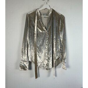 Maeve Anthropologie Velvet Champagne Button Down Tie-Neck Tunic Blouse Size 2